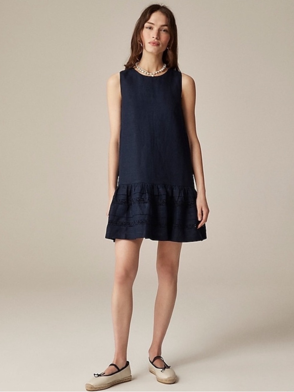 J. Crew Maxine Ruffle Trim Dress Navy Blue Sleeveless 100% Linen Medium $198